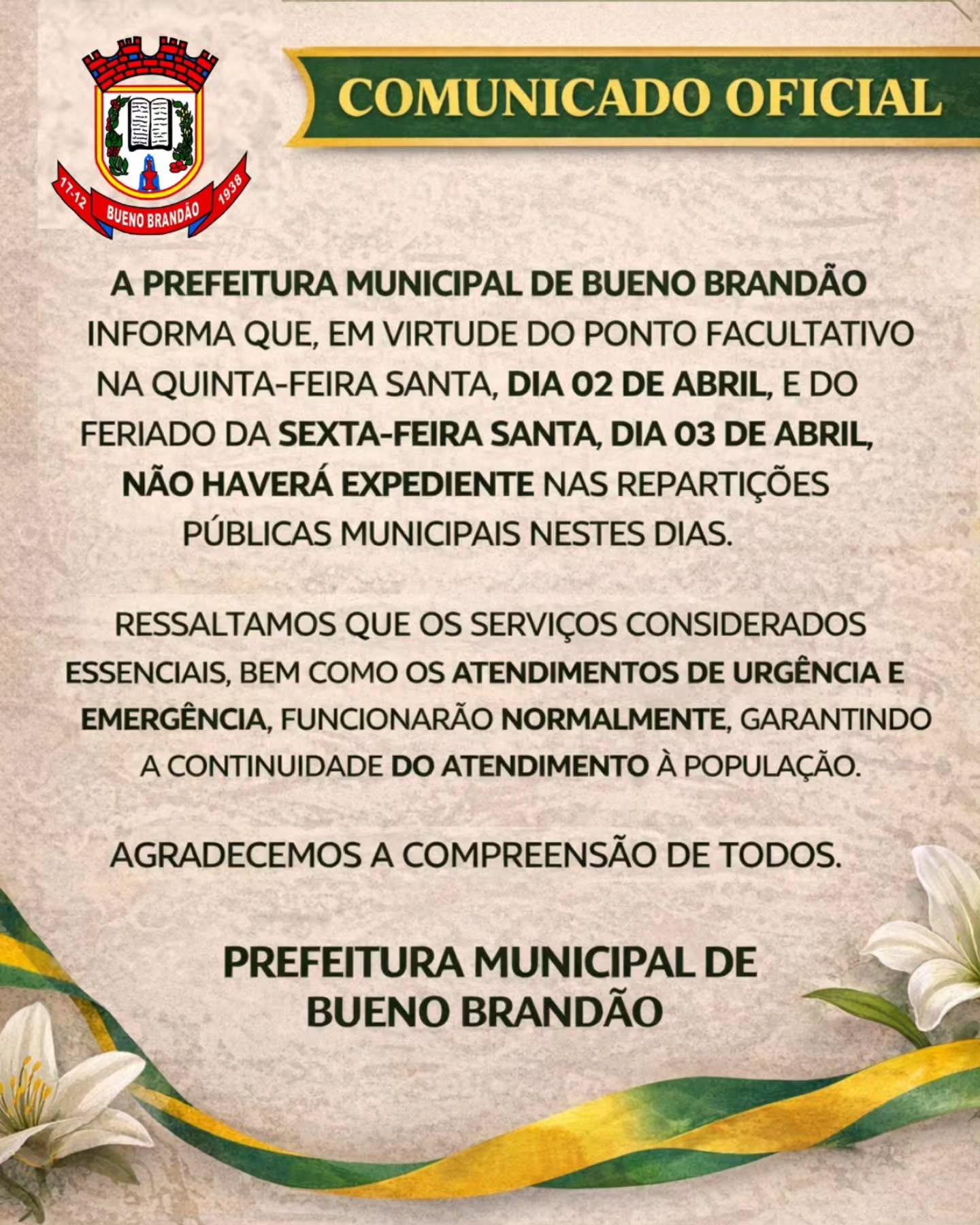 Postagem feita no Instagram da Prefeitura